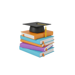 Graduation Cap on Stack of Colorful Books 3D Render - E-Learning, Education, and Academic Success