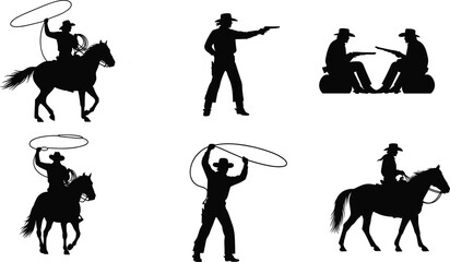 Fototapeta premium Cowboy silhouette, horse riding, lasso action, western gunfight, wild west culture, ranch life, cowboy child, vintage cowboy, rodeo scene, frontier spirit