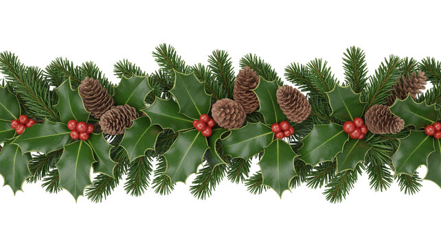 Festive holly, pine cones, and berries create a natural Christmas border. - Powered by Adobe