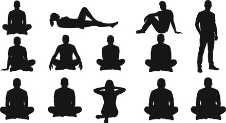 Human silhouette poses, seated and reclining positions, body language, yoga meditation shapes, ergonomic posture, vector icons, anatomy reference, fitness design