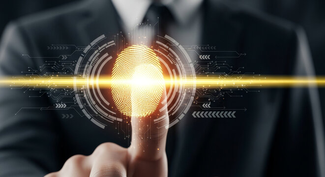 A Man in a dark suit touches a holographic fingerprint scan with golden light and futuristic grid displays, representing advanced authentication technology. Set against a dark background.