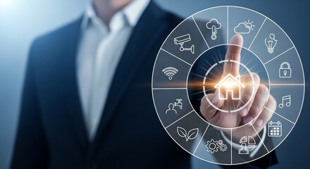 A man in a navy suit interacts with a glowing circular smart home interface. The interface features various control icons on a dark background in a studio setting.
