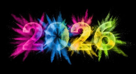 Happy New Year 2026, 2026 in bold colorful powder explosion design
