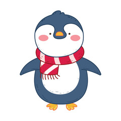 Cute cartoon penguin wearing a red scarf with a joyful expression.