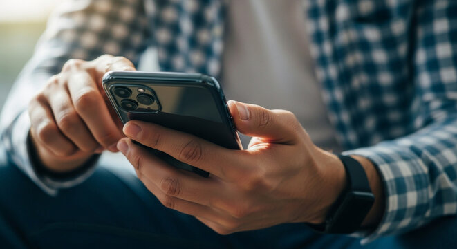 Man Using Smartphone Wearing Blue Plaid Shirt and Dark Jeans Close Up Shot Focus on Hand Holding Device with Multiple Lenses Black Smart Watch On Wrist Indoor