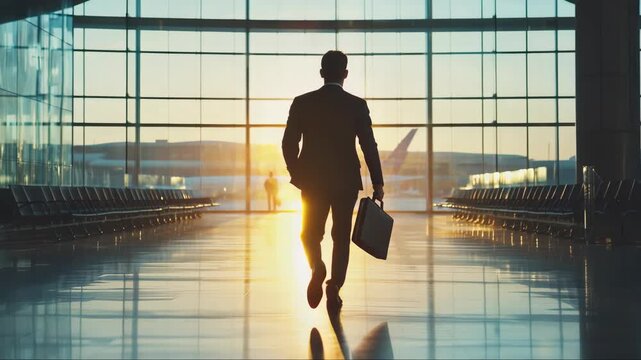 Business traveler walking through a modern airport terminal at sunset with a briefcase
