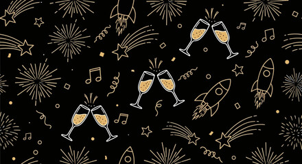 Festive Celebration Champagne, Rockets, and Stars in Golden Hues on a Dark Background