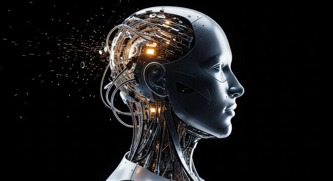 Close-up profile view of a metallic female cyborg head with glowing orange internal structure, cable connections, set against a stark black background. Conveys advanced technology.