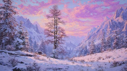 A breathtaking aerial view of a snow-covered alpine landscape at sunset, with pink and purple hues in the sky. Majestic mountains and tall trees create a serene winter atmosphere in high resolution.