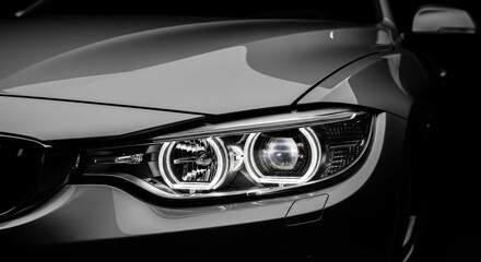 A monochrome close-up captures the intricate details of a car headlight, highlighting modern design and advanced lighting technology in a studio setting with a dark background.