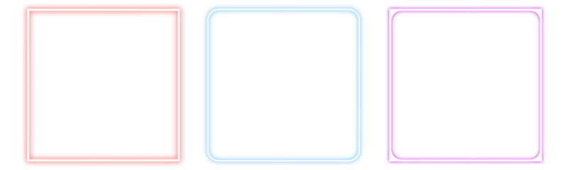 Neon square frames in red, blue, and purple, glowing on a transparent background. Perfect for digital designs, highlights, modern layouts, and futuristic graphic elements.