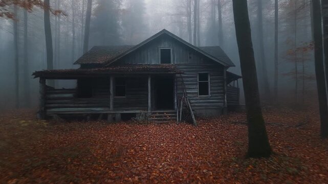 Abandoned wooden cabin in a foggy autumn forest.