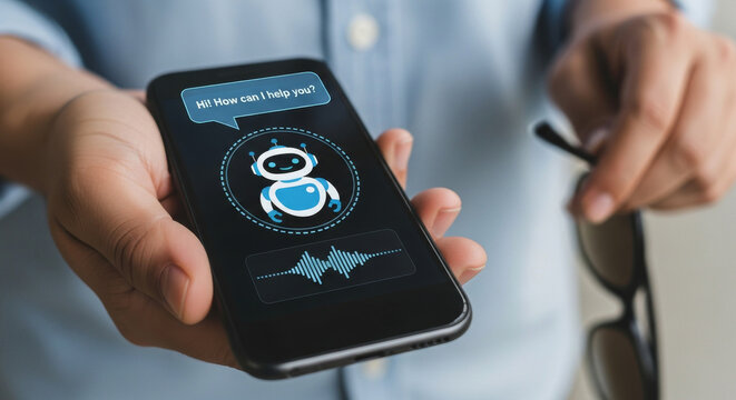 Close up of a person holding a smartphone displaying an animated chatbot on its screen, next to a pair of glasses, set against a plain background.