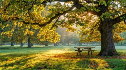 Golden sunlight filters through autumn trees in a park.