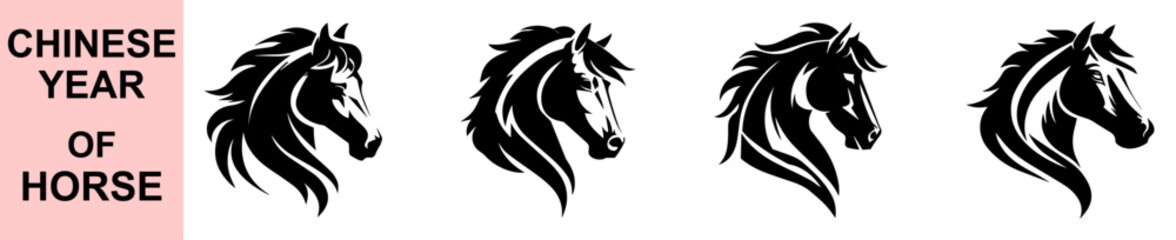 Decorative artistic horse head vector emblem symbolizing Chinese Year of the Horse with bold flowing mane lines for cultural zodiac themes and elegant graphic illustration uses © Faiza's World