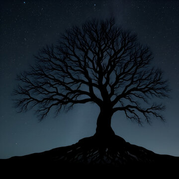 Leafless tree silhouette intricate sprawling roots visible beneath towering under a starless night, Ai Generated