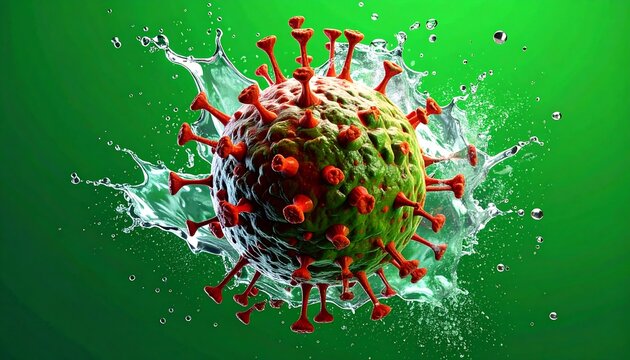 3D render of a virus particle bursting from a water splash against a green background, with sharp details