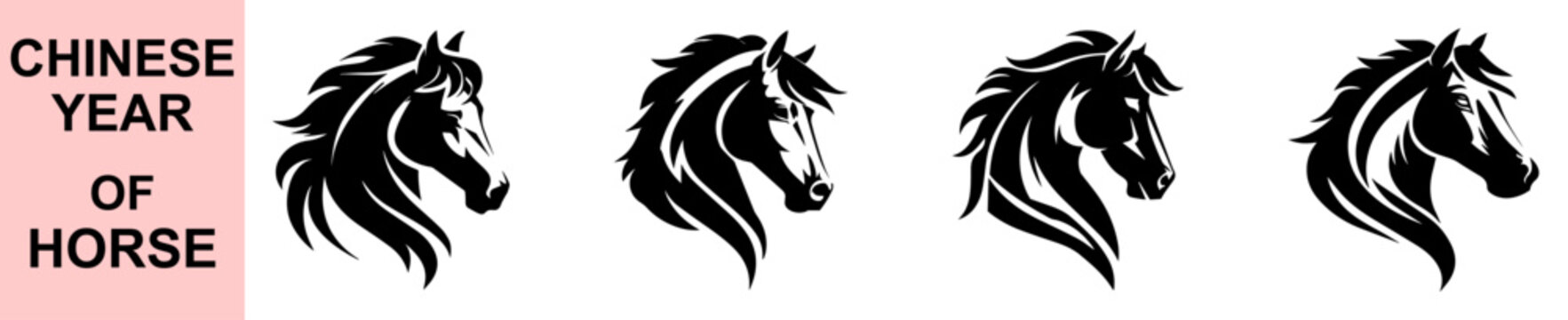 Decorative artistic horse head vector emblem symbolizing Chinese Year of the Horse with bold flowing mane lines for cultural zodiac themes and elegant graphic illustration uses