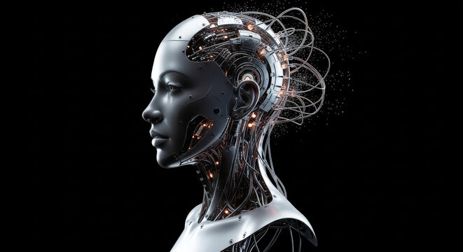 Close up profile of a metallic female robot head with exposed wires and connections on a black background illustrating advanced futuristic technology.