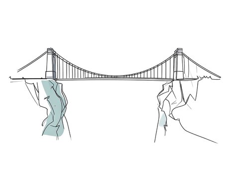 Concept illustration of a cable-stayed bridge connecting two rocky cliffs above a river