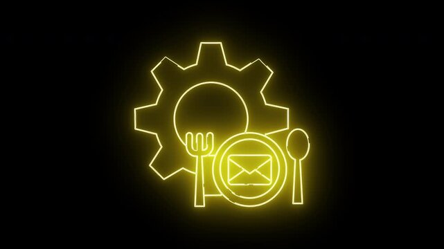 Yellow gear fork spoon and email icon outlined on a black background