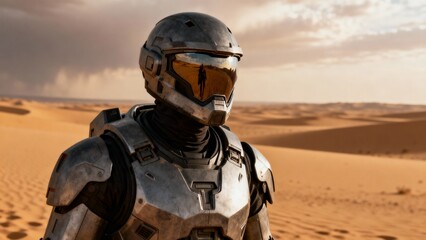 futuristic soldier in heavy armored suit of armor, in desert