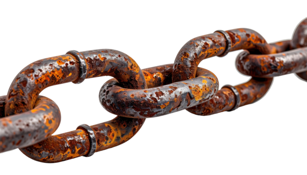 Close-up of a portion of a heavily rusted metal chain with a dark background. The links show significant corrosion
