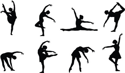 Ballet dancer silhouette set, black vector illustration, elegant poses, expressive movement, flexibility and grace, dance posture collection, artistic form