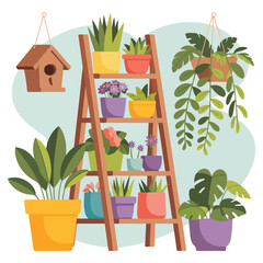 Cozy Indoor Plant Display with Ladder Shelf and Birdhouse