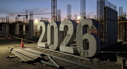 Happy New Year 2026, 2026 concrete numbers standing in construction site