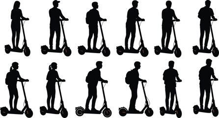 Obraz premium Electric scooter rider silhouettes, black vector illustration, urban mobility concept, diverse posture set, personal transport design, modern commuting style