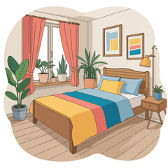 Modern bedroom interior illustration with bed, plants, window and home decor elements
