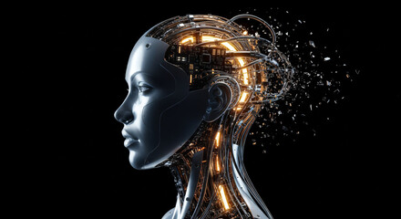 Detailed silver robot bust with ornate gold wiring and glowing elements showcases futuristic technology and artificial intelligence against a dark background.