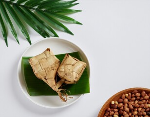 Delicious ketupat with peanuts celebrate Eid al-Fitr on white table