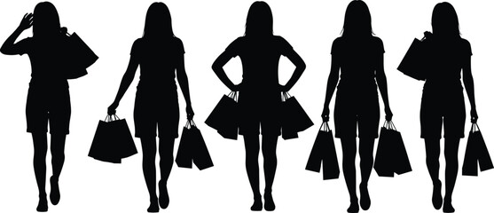 Shopping silhouette set, black vector illustration, walking poses collection, consumer behavior concept, retail activity design, casual lifestyle layout
