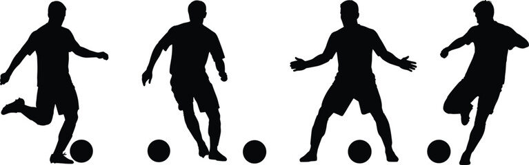 Soccer player silhouette set, black vector illustration, ball control poses, athletic movement, sports training concept, dynamic posture collection