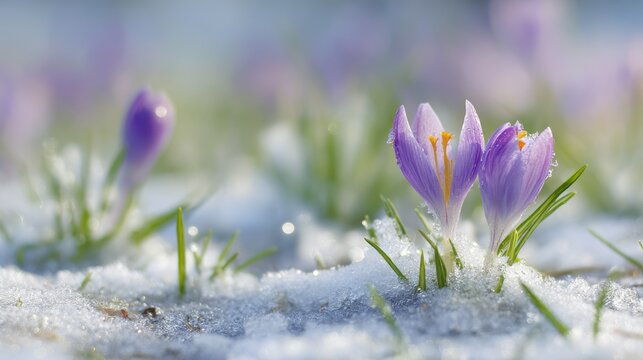 A close-up of crocuses emerging through the snow-covered ground, with vibrant purple petals and yellow stamens. The melting snow reveals patches of green grass, symbolizing the first signs of spring.