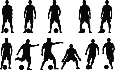 Soccer silhouette set, black vector illustration, standing and dynamic poses, ball control actions, sports movement concept, athletic posture design