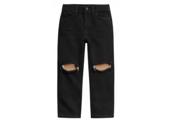 Black ripped baggy denim jeans with distressed knees and transparent background, modern casual clothing fashion