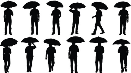 Umbrella silhouette set, black vector illustration, walking and standing poses, human posture variation, rainy day concept, urban accessory design