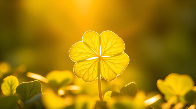 A four-leaf clover bathed in golden sunlight, symbolizing unexpected fortune and serendipitous blessings Perfect for themes of luck, prosperity, and positive energy , happiness, divine luck