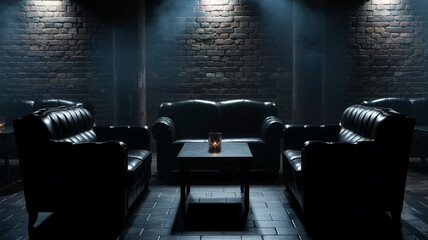 Moody Black Leather Lounge With Spotlight And Center Table In Dim Studio Setting