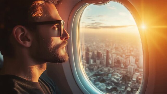 Thoughtful man gazes out of airplane window at sunset over city skyline from high above
