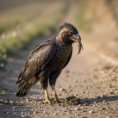 Obraz premium crested caracara eating his prey while standing in the dirt road at san bernard national wildlife refuge near brazoria, on the gulf coast of texas