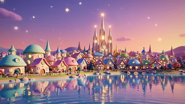 Dreamlike panoramic view of a fairytale kingdom, with a towering castle and colorful village houses reflected in a calm lake under a sparkling, pastel-hued night sky