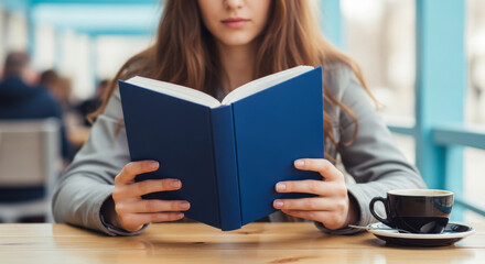 A woman is reading a blue book at a wooden table next to a cup of coffee, under a blue shelter, with a blurred background, creating a cozy and intellectual atmosphere.