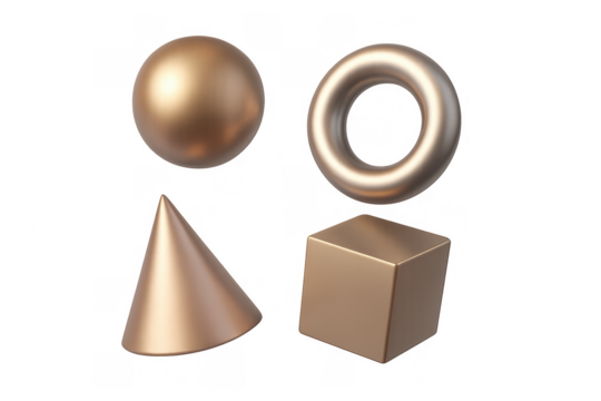 Geometric 3d shapes creating abstract composition. Gold metal sphere, torus, cone, and cube on transparent background