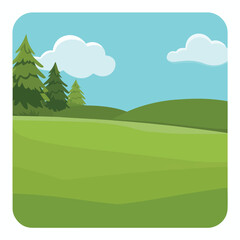 Cartoon landscape illustration vector graphic design with green hills trees and clouds vector illustration