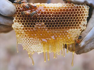 A close-up of fresh honeycomb dripping with golden honey, showcasing the natural beauty and richness of pure, organic honey straight from the hive.