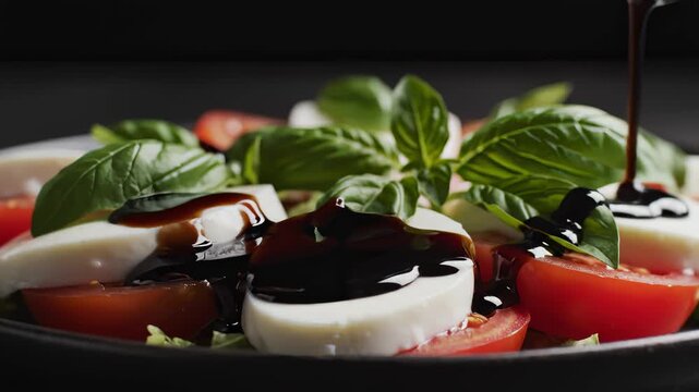 Pouring Balsamic Glaze Over a Fresh Caprese Salad
